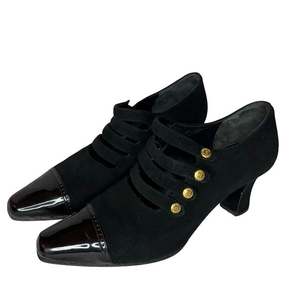 Vintage Fendi Black Suede Leather Pumps Side Buttons Cutout Straps Size 36.5/5.5 - Picture 1 of 7